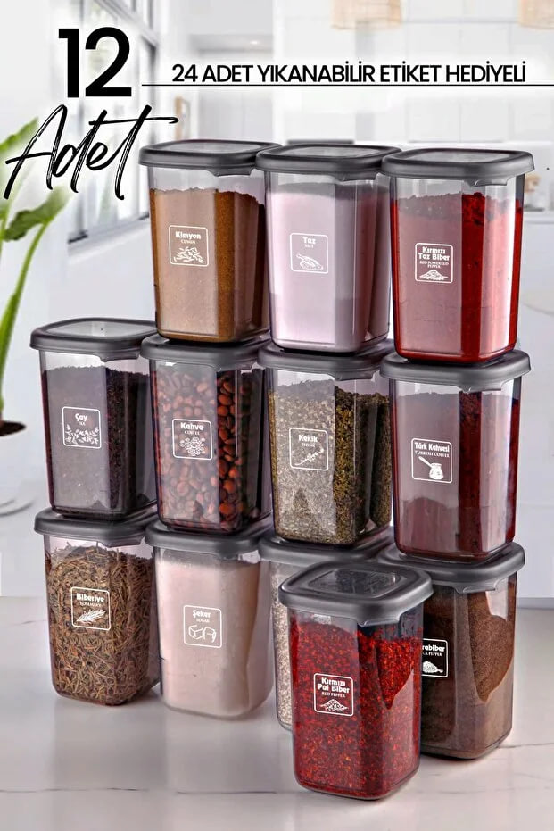 Kitchen Life 12-Piece Modernity Labeled Square Spice Rack Set 400 ml - Food Storage Container Set