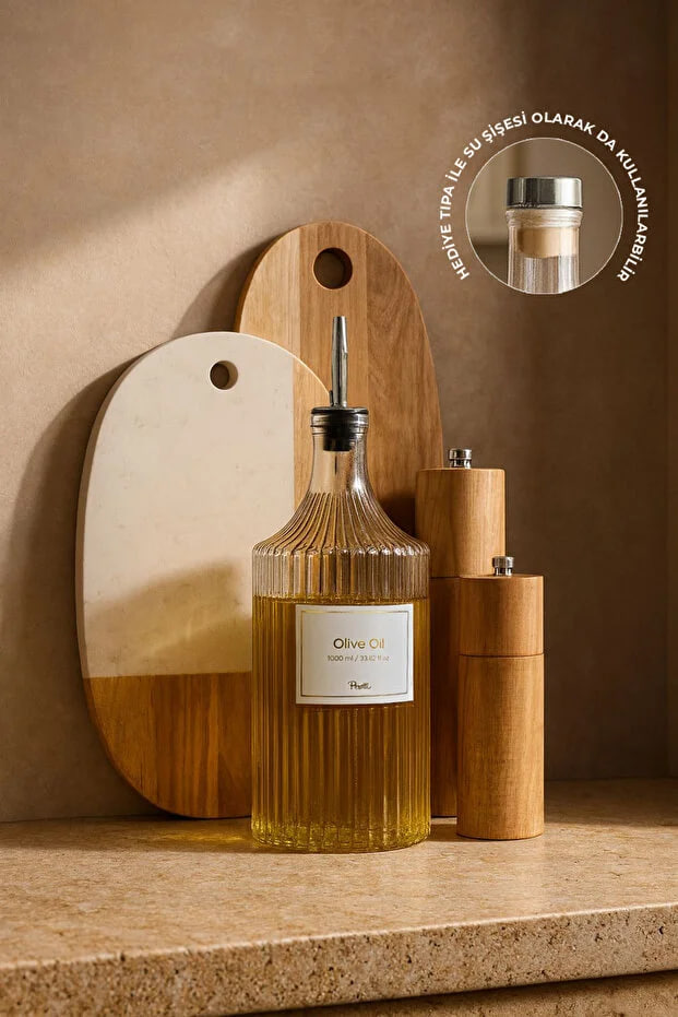 Kitchen Life Vintage Striped Transparent Glass Oil Pot Bottle Sauce and Liquid with Lid 1000 ml